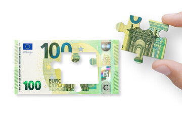 The concept of financial crisis and recession. 100 euros note isolated on a transparent background...