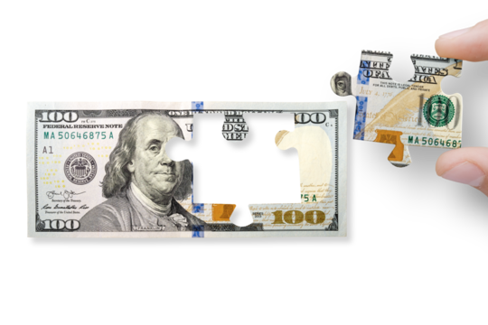 The concept of financial crisis and recession. 100 dollar note isolated on a transparent background with soft shadow. PNG file