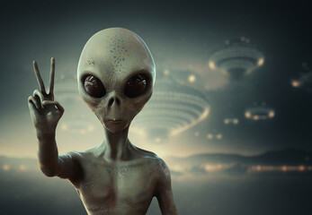 alien showing peace sign, 3d render - obrazy, fototapety, plakaty