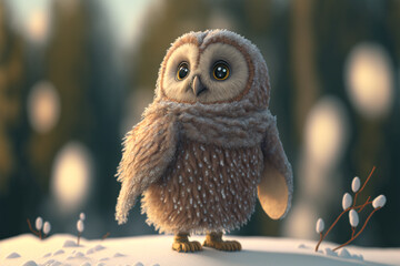 Obraz premium Owl in beautiful forest. Snowy owl in winter, Pygmy bird owl in snowfall. Small owl in forest