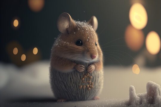 Portrait of mouse with santa hat illustration, small cute mouse with bokha background on christmas day