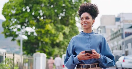 Phone, nature and woman taking a walk in the city for fresh air while networking on social media. Technology, outdoor and happy lady from Puerto Rico walking in the urban town street on a cellphone. - Powered by Adobe
