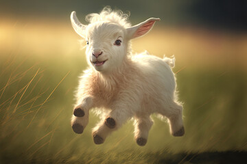 In the summer, a cute little goat baby is running. animal farm. Generative AI