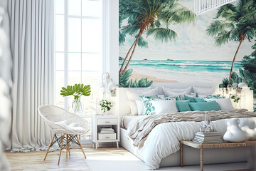 Interior of white tropical bedroom, coastal design. Generative AI - obrazy, fototapety, plakaty