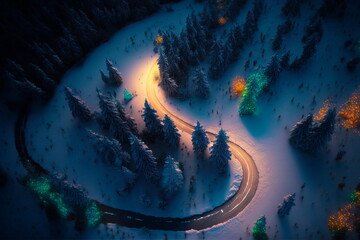 Curvy windy road in snow covered forest, top down