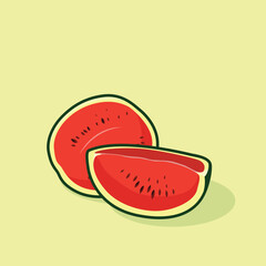 Fresh and juicy whole and half slices watermelons Vector Art Illustration. Fruit illustration for farm market menu. Healthy food design