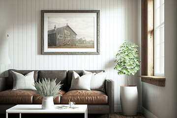 interior of a mock up frame in a farmhouse living room. Generative AI