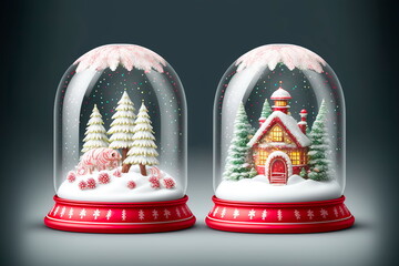 Glass snow globe Christmas decorative design.Glass ball with snow inside. Christmas tree decorations
