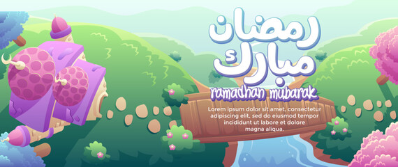 Landscape illustration of Ramadan Mubarak With Cute Mosque And Flowers Beside The River. Good for greeting card, banner, or other template