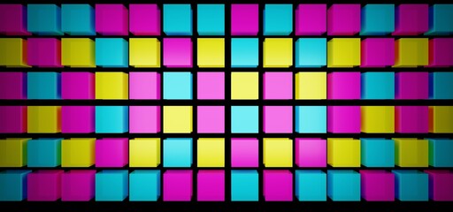 3d rendering colorful glass cube grid pattern neon wallpaper