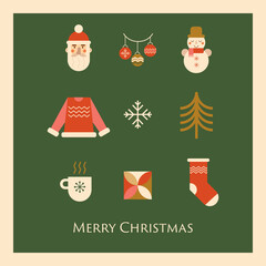 Geometric Christmas poster from simple geometric icons - Santa, ugly sweater, Christmas tree, ball, Snowman, snowflake. Red, green and gold geometric background. Winter holiday vector illustration