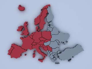 3D rendered map of Europe with bright colors focused on East and West