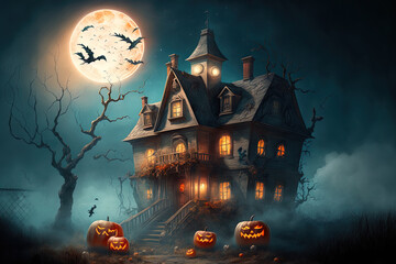 Illustration of a frightening home for Halloween with pumpkins. Illustration of a realistic Halloween event. Generative AI