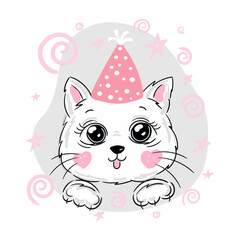 Cute cat or kitten vector illustration, print design kitten, children print on t-shirt girl.