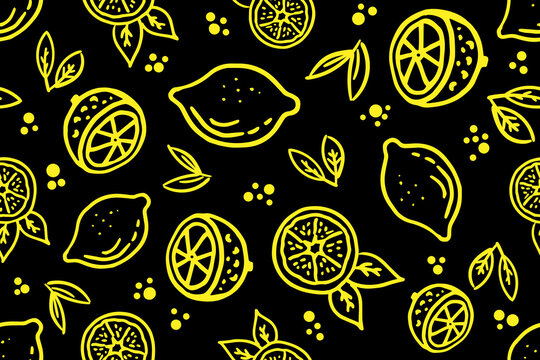 Yellow lemon fruits seamless pattern on black background