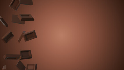 Chocolate cubes falling on brown background with copy space