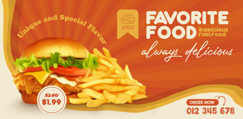 Tasty and fresh fried chicken burger with fries social media banner template © creadib