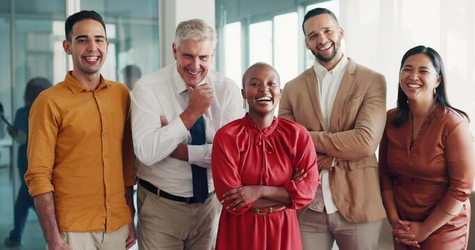 Business people, laughing portrait or diversity teamwork in modern office for about us website, profile picture photography or global success. Smile, happy or comic creative men, women or designers