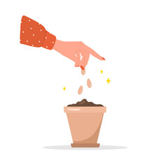 Female gardener hands plants spring seedlings in pot. Vector illustration in flat cartoon style. Organic greens concept. Gardening hobby. Horticulture concept. © KeronnArt
