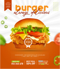 Delicious fried chicken burger ads in 3d illustration