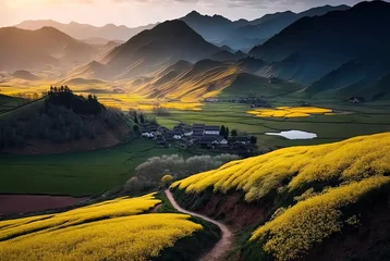 Dekokissen illustration of Asian rural countryside landscape in spring and summer season © QuietWord