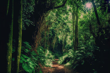 Fototapeta na wymiar Very dense forest with green trees at Mawlynnong in Meghalaya, India. It is a beautiful village which is notable for cleanliness. Few amount of sunshine are coming through the jungle. Generative AI