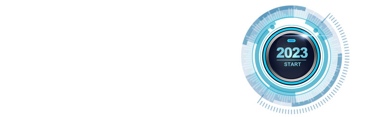 Start 2023. Happy New Year button. 3D illustration