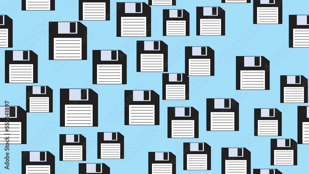 Poster seamless pattern endless computer with old retro vintage white hipster floppy disks from the 70s, 80