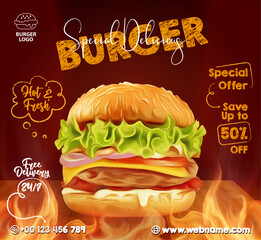 Delicious homemade beef burger with BBQ grill fire banner ads