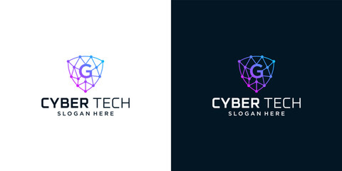 Fototapeta na wymiar Cyber tech logo design template with initial letter G graphic design vector illustration. Symbol for tech, security, internet, system, Artificial Intelligence and computer.