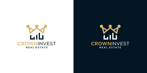 Crown logo design template with building house and chart investment financial graphic design illustration. icon, symbol, creative.