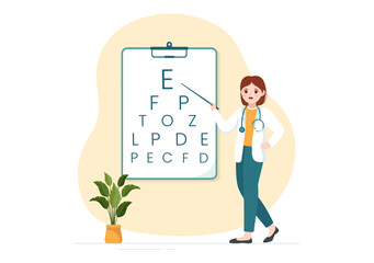 Optometrist with Ophthalmologist Checks Patient Sight, Optical Eye Test and Spectacles Technology in Flat Cartoon Hand Drawn Templates Illustration