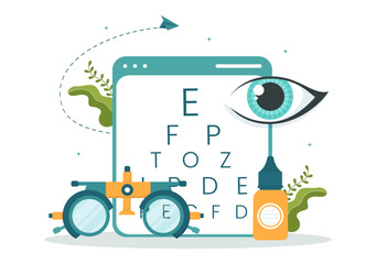 Optometrist with Ophthalmologist Checks Patient Sight, Optical Eye Test and Spectacles Technology in Flat Cartoon Hand Drawn Templates Illustration