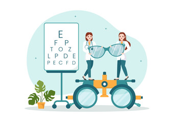 Optometrist with Ophthalmologist Checks Patient Sight, Optical Eye Test and Spectacles Technology in Flat Cartoon Hand Drawn Templates Illustration