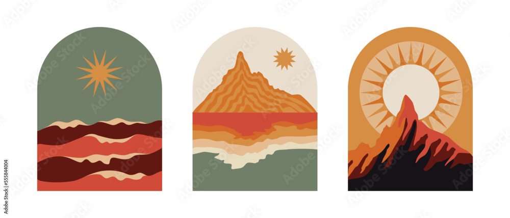 Aufkleber Vector illustration in simple line style - boho abstract print - simple natural landscape with mountains and hills
