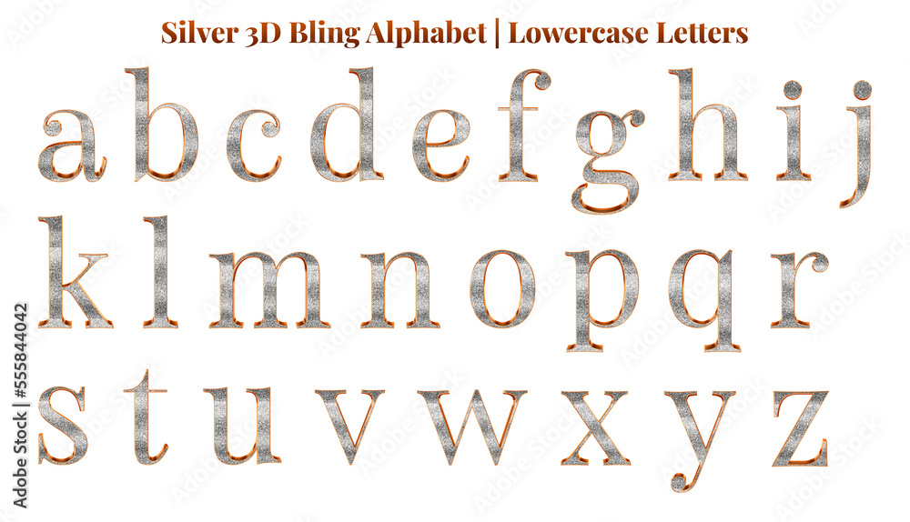 Fototapete silver 3d bling alphabet set, includes font or letters in uppercase and lowercase, numbers, punctuat