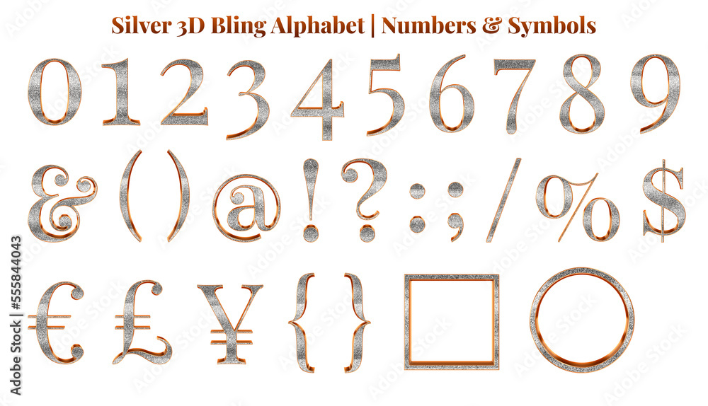 Fototapete silver 3d bling alphabet set, includes font or letters in uppercase and lowercase, numbers, punctuat