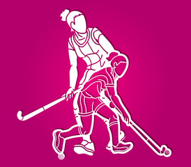 Team Field Hockey Sport Female Players Action Together Cartoon Graphic Vector