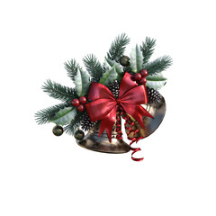 Christmas bells hanging with ribbon, berries, decoration as overlay for greeting and postcard making. 3d rendering-illustration.