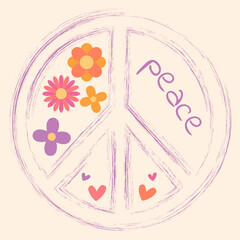 Icon, sticker in hippie style with Peace sign, text peace and flowers on beige background. Retro style