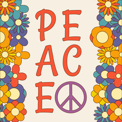Icon, sticker in hippie style with text Peace and flowers on the right and left side on beige background. Retro style