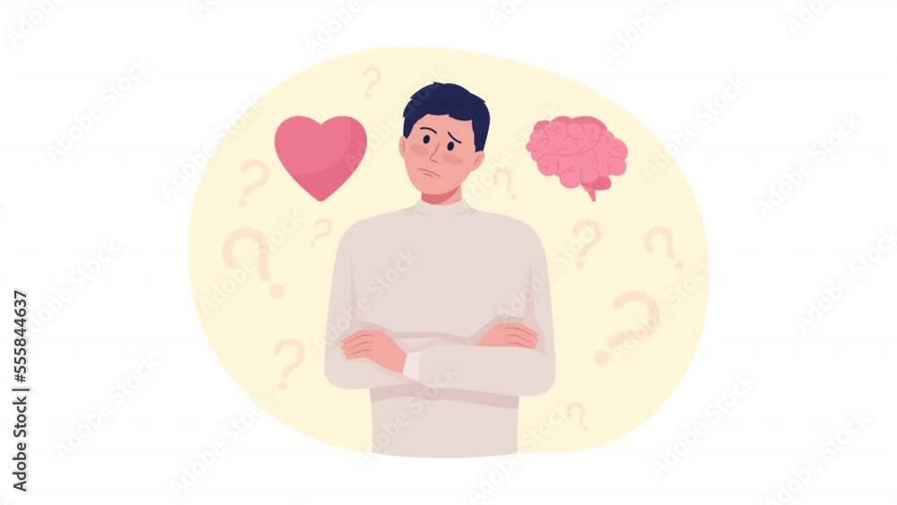 Poster animated difficult choice. looped 2d cartoon flat characters on white with alpha channel transparenc