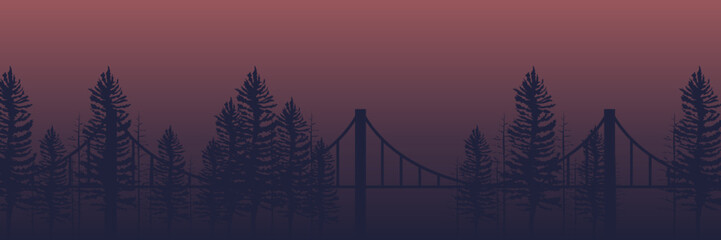 Pine tree and bridge silhouette flat design vector illustration good for web banner, ads banner, tourism banner, wallpaper, background template, and adventure design backdrop	