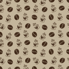 Seamless pattern of coffee beans and coffee cups for coffee shop backgrounds, cafe decorations, dining venues and culinary events. for a coffee-themed greeting card. for coffee-themed fabric motifs 