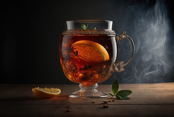 illustration of beautiful herbal tea in transparent glass with ingredients - obrazy, fototapety, plakaty