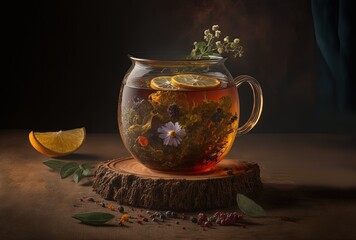 illustration of beautiful herbal tea in transparent glass with ingredients - obrazy, fototapety, plakaty