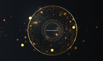 Abstract black circle shape with golden glowing frame and dots glitters. Vector time clock luxury illustration. Geometric backdrop with round golden glittering particles. Holiday banner design.