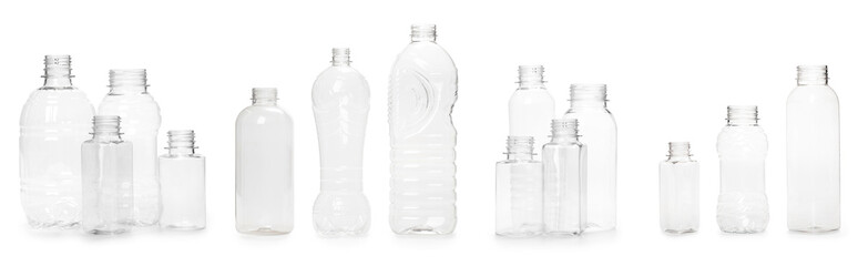 selection of quality photo collage of many different empty plastic bottles isolated on white background. production of new containers