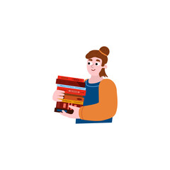 Young boy carries a stack of books in his hands. Teenage man in cartoon style with educational textbooks, notes, novels, papers. Vector illustration about reading