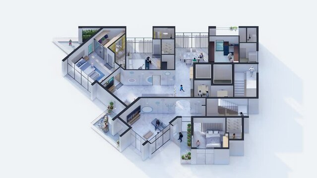 Animated Three bedroom family apartment isometric floor plan